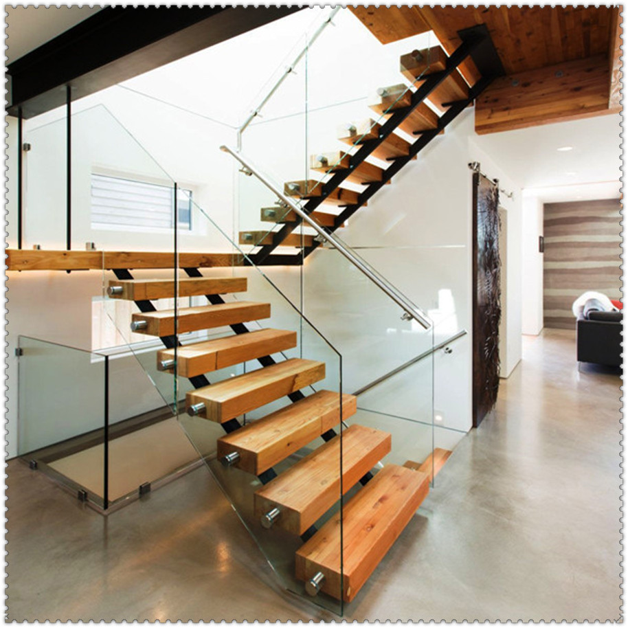 Modern stair floating straight stairs Interior staircase with Wood Tread and Glass Railing - 副本