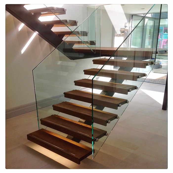 frameless railing wood straight stairs