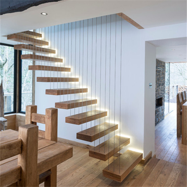 Modern floating straight stairs with wood tread and glass railing 