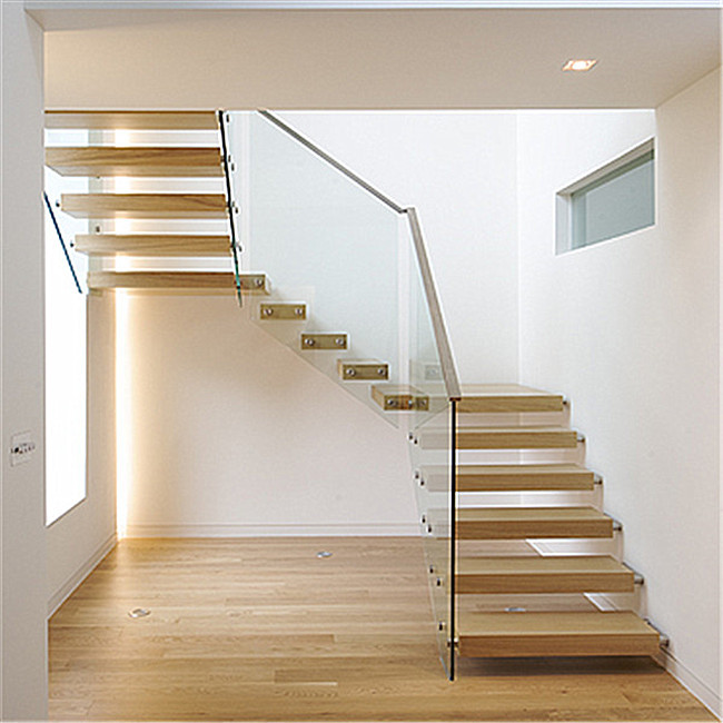 Hot selling glass railing solid wood steps build indoor staircase floating stairs 