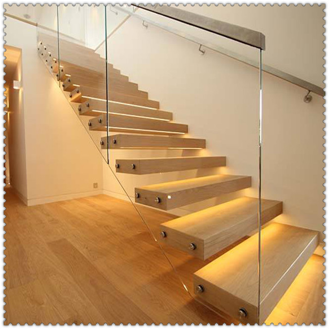 contemporary floating staircase with wood tread invisible stringer straight stairs - 副本