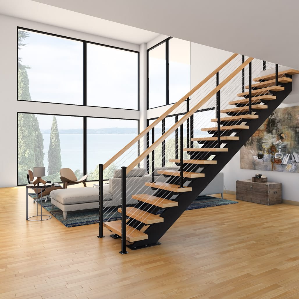 wood step straight stair with cable railing - 副本