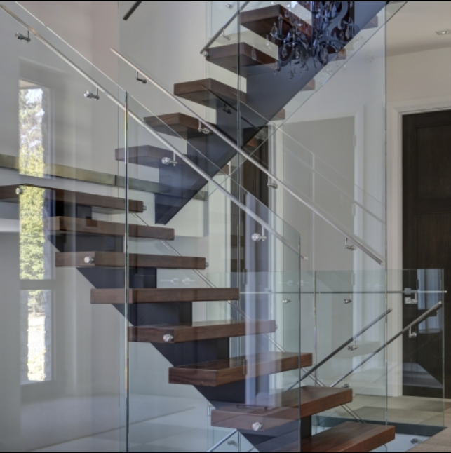 Modern stair floating straight stairs Interior staircase with Wood Tread and Glass Railing - 副本