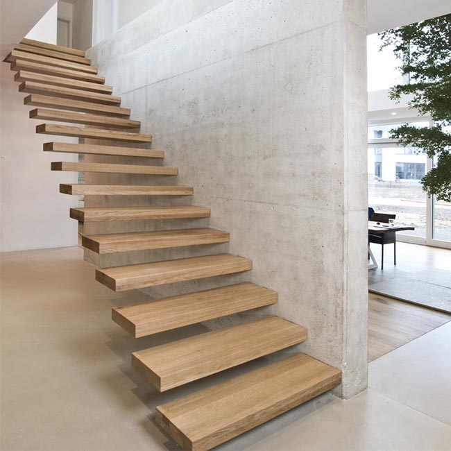 Floating straight stairs central spine stair middle stringer staircase with wood tread and frameless glass railing - 副本