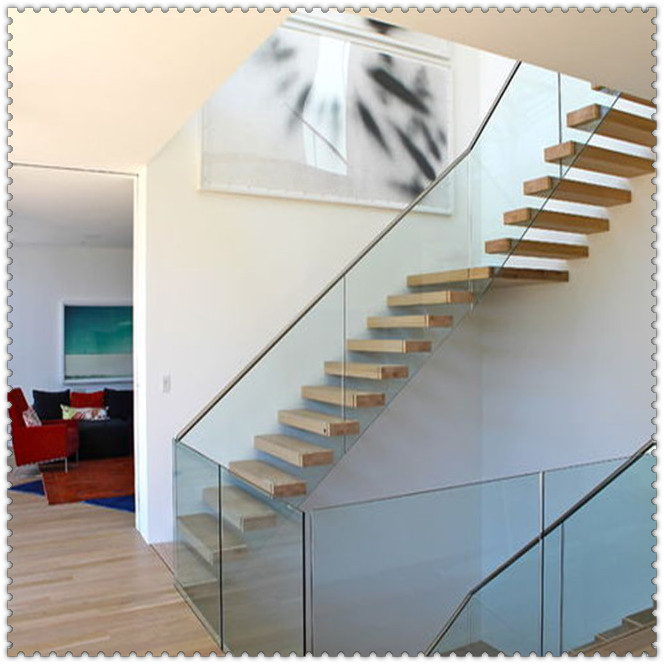 Modern stair floating straight stairs Interior staircase with Wood Tread and Glass Railing