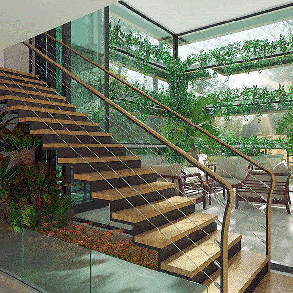 Solid wood straight staircase design with steel double beam 