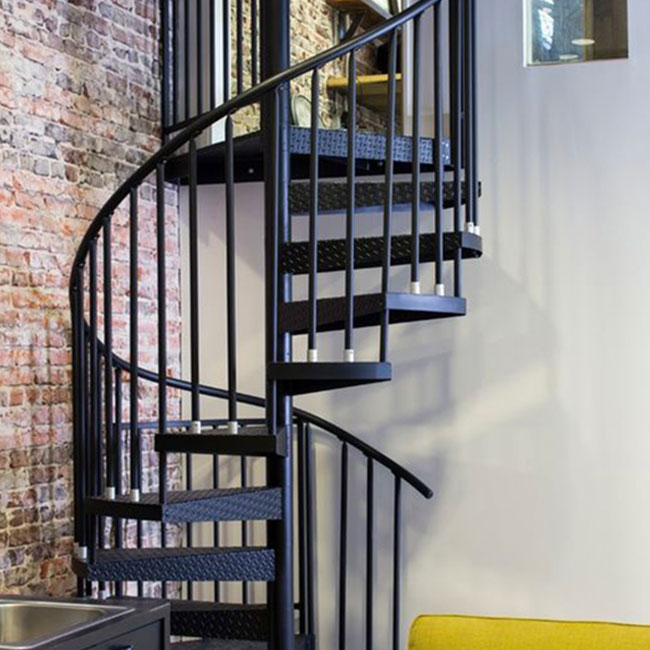 black indoor wood and steel modular spiral staircase staircases