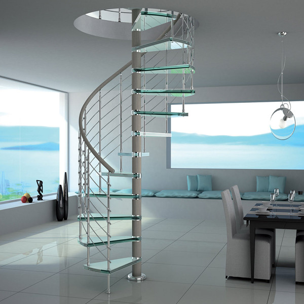 Modern Stylish Tempered Glass Steps Stainless Steel Frame Spiral Stairs Curved Staircase for Villa