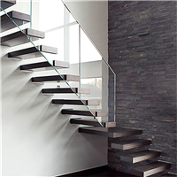 modern stair floating straight stairs interior staircase with wood tread and glass railing - 副本 - 副本