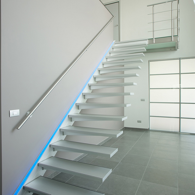 Straight Mild Steel Glass Modern Floating Staircase / Prefab Steel Glass Stair Indoor