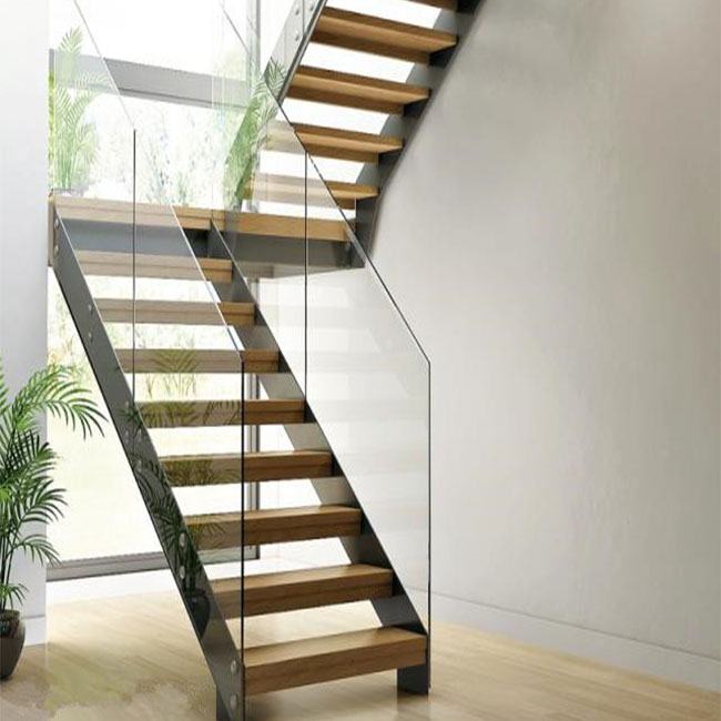 straight staircase design with solid wooden tread glass railing indoor outdoor staircase