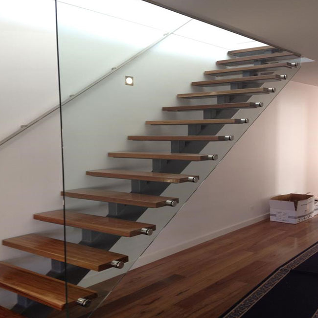 customized iron glass railing stair straight wooden staircase