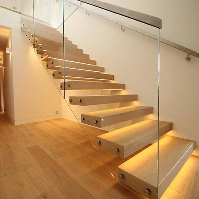 contemporary floating staircase with wood tread invisible stringer straight stairs