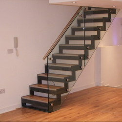 Custom Cheap price indoor double stringer steel wood straight staircase with glass railing