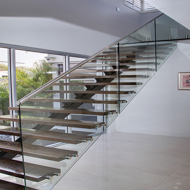 Hot selling glass railing solid wood steps build indoor staircase floating stairs