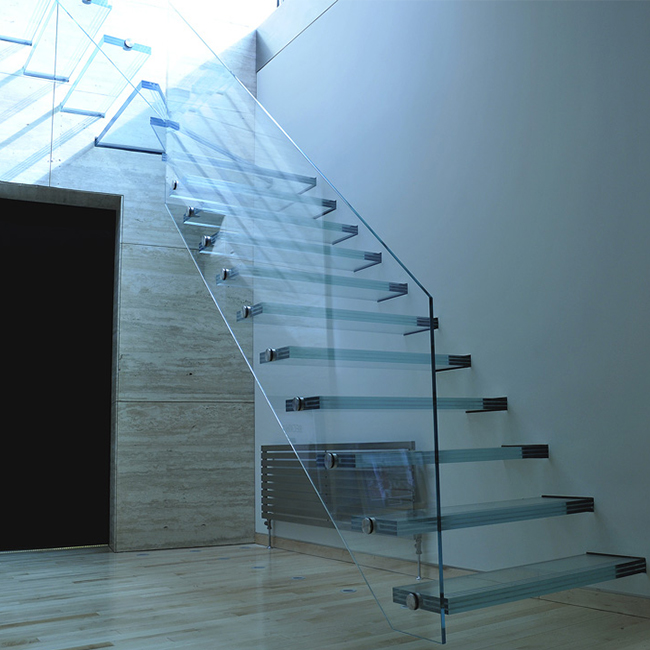 Glass Railing Wood Step Stair Wrought Iron Straight Staircase For Villa