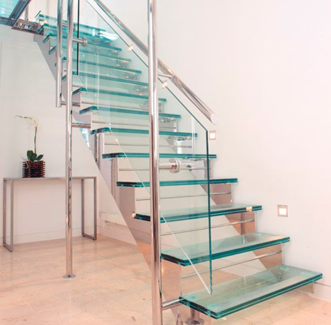 Modern Design Stainless Steel Frame Glass Steps Straight Stairs Side Wall Mount Straight Staircase