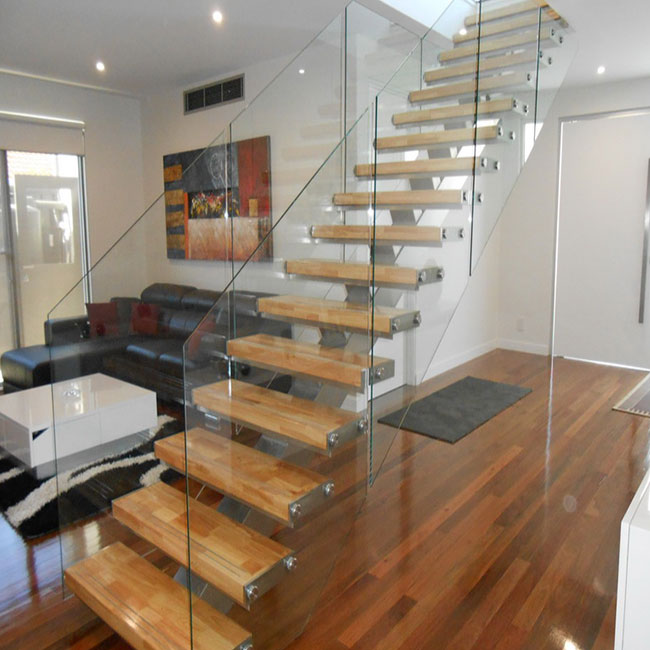 Modern stair floating straight stairs Interior staircase with Wood Tread and Glass Railing