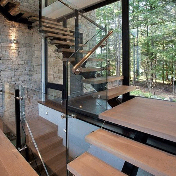 Modern straight staircase with hardwood stair railing designs