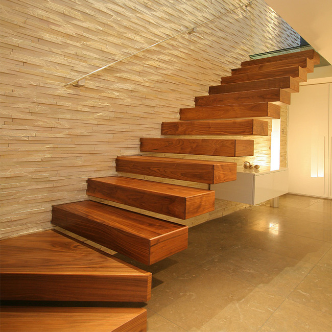 Modern indoor 50 mm thick solid oak wood steps Floating Stairs with glass railing DIY lowes price