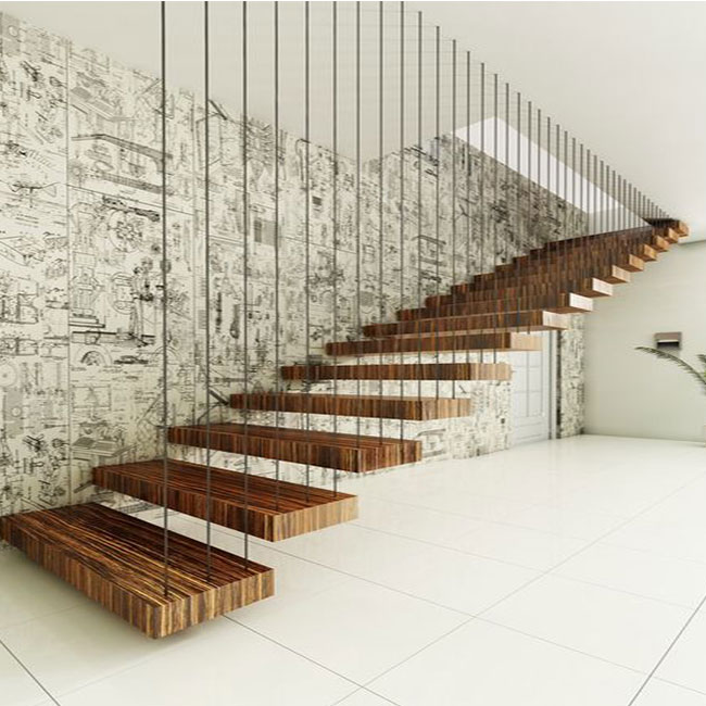 Prefabricated apartment building wood stairs design indoor wood tread floating stairs