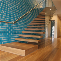 Minimalism style solid wooden floating staircase with frameless glass balustrade