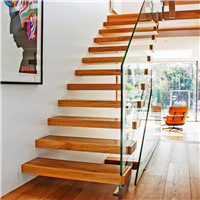 DIY install floating wood staircase with wood handrail glass railing