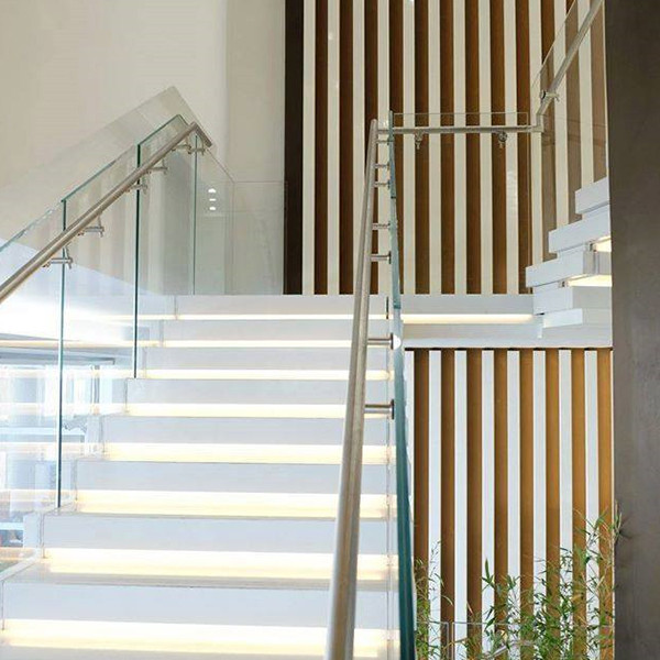 outdoor staircase railing with side mounted steel handrail