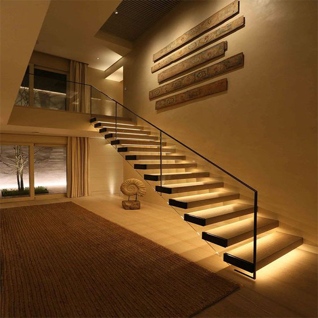 Floating Glass Staircase With Wooden Treads