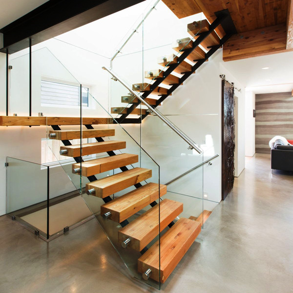 double steel stringer wood staircase design 