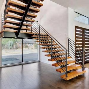 Modern straight staircase with hardwood floor metal railing solid wood stairs