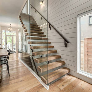 Clear tempered glass floating staircase with wood tread invisible stringer