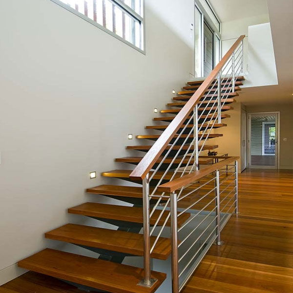 straight staircase with steel rod railing 