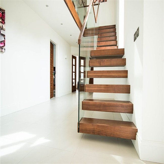 Clear tempered glass floating staircase with wood tread invisible stringer straight stairs