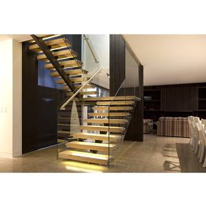 Indoor Staircase Design Tempered Glass Railing Wooden Led Lighting Stairs