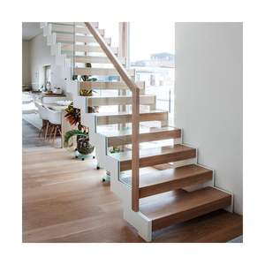 Glass Railing Double Beam Straight Wooden Staircase