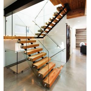 straight staircase design with Solid wooden tread glass railing