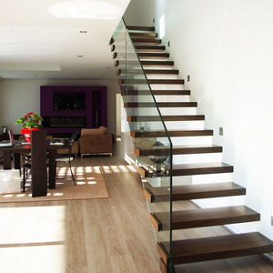 Interior wood tread straight staircase straight stairs with glass railing