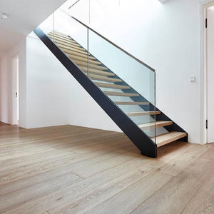 Steel Wood Straight Staircase Single Tempered Glass