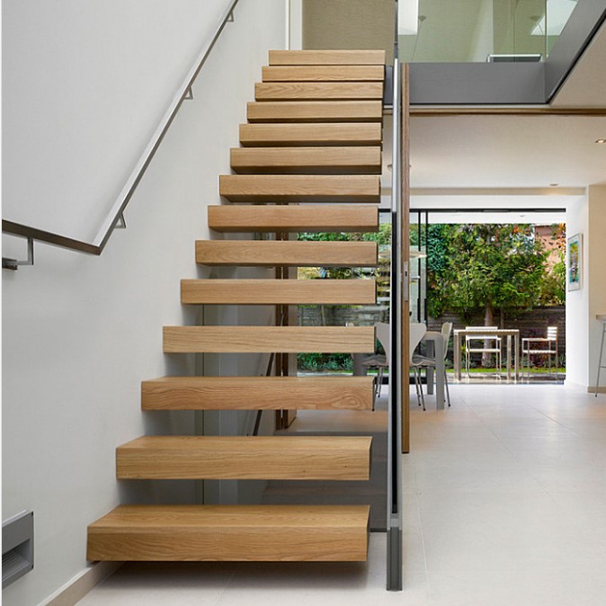 indoor Straight wood tread glass railing Modern Floating Staircase/Prefab led light wood Stair